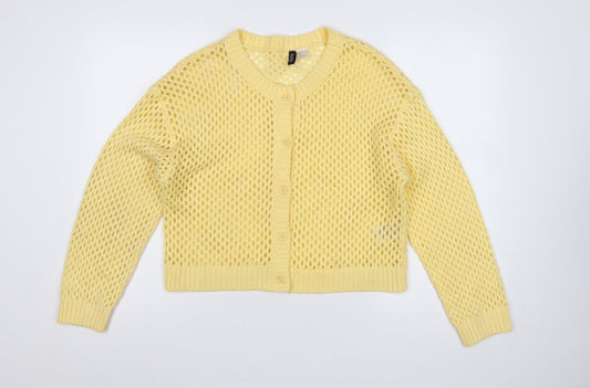 H&M Divided Women Yellow L Open-Knit Button Cardigan Long Sleeve