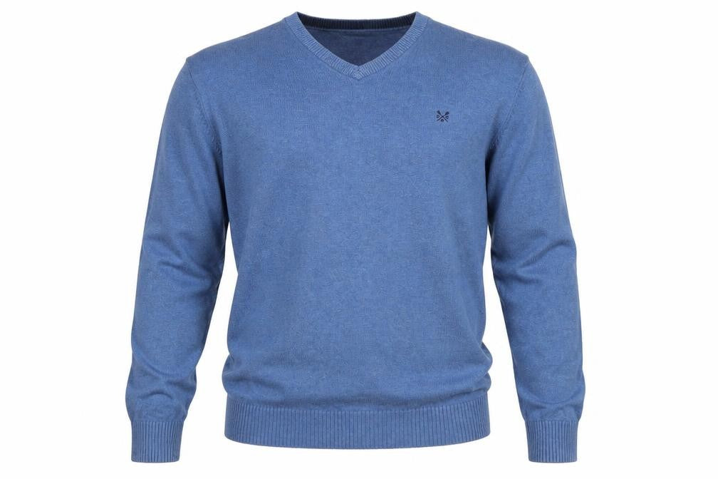 Crew Clothing Men's Blue L V-Neck Cotton Cashmere Logo Pullover Jumper