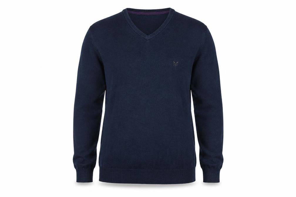 Front view of Crew Clothing Men's Navy L Cotton Cashmere V-Neck jumper