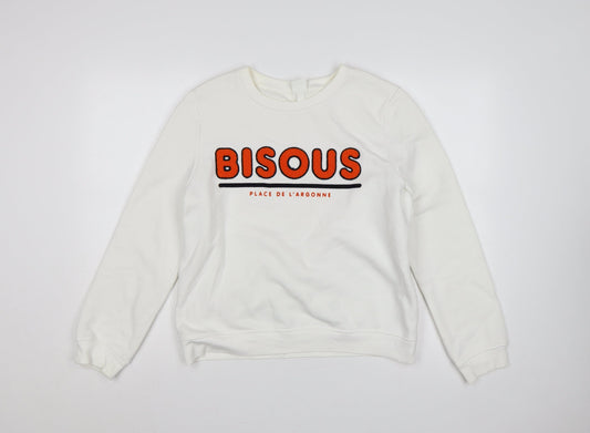 H&M Women’s White M Bisous Graphic Embroidered Crew Neck Sweatshirt