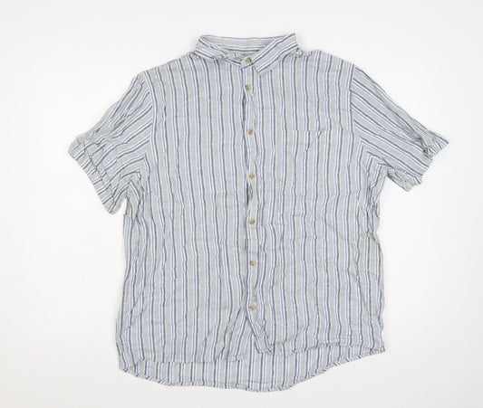 Dunnes Stores Men Grey Blue Striped Linen Cotton Shirt XL