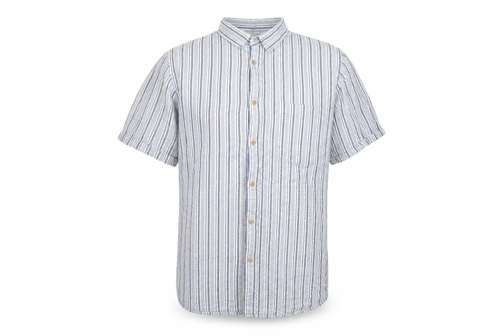 Front view of Dunnes Men Grey Blue Striped Linen Cotton Shirt XL