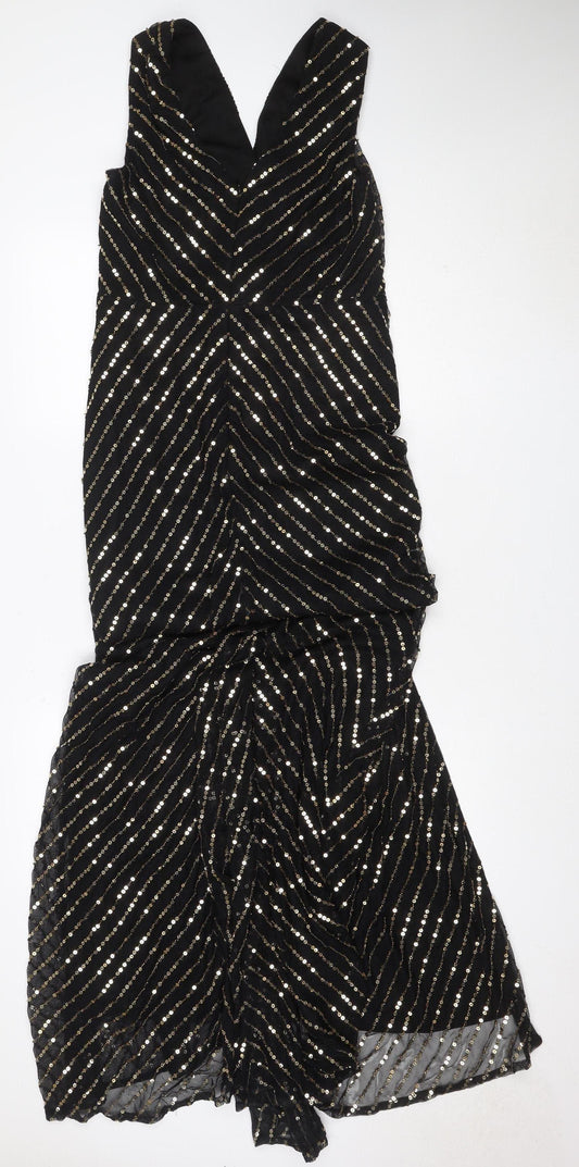 City Goddess Women Black Gold Sequin Long Sleeve Maxi Dress UK 16