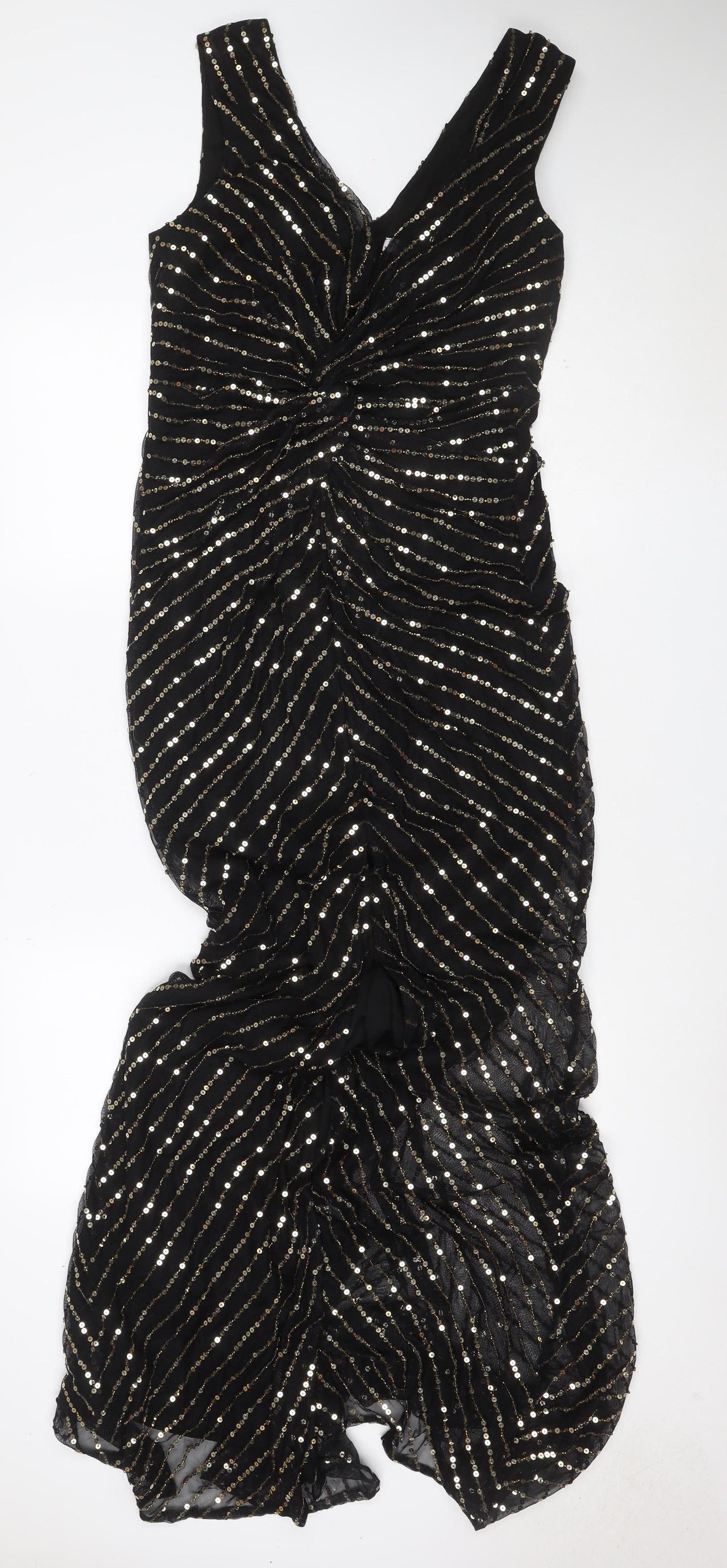 City Goddess Women Black Gold Sequin Long Sleeve Maxi Dress UK 16
