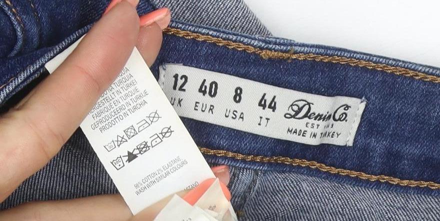 Brand and care label for Denim Co. Women’s Blue High Rise Stretch Denim Shorts UK 12 Cuffed