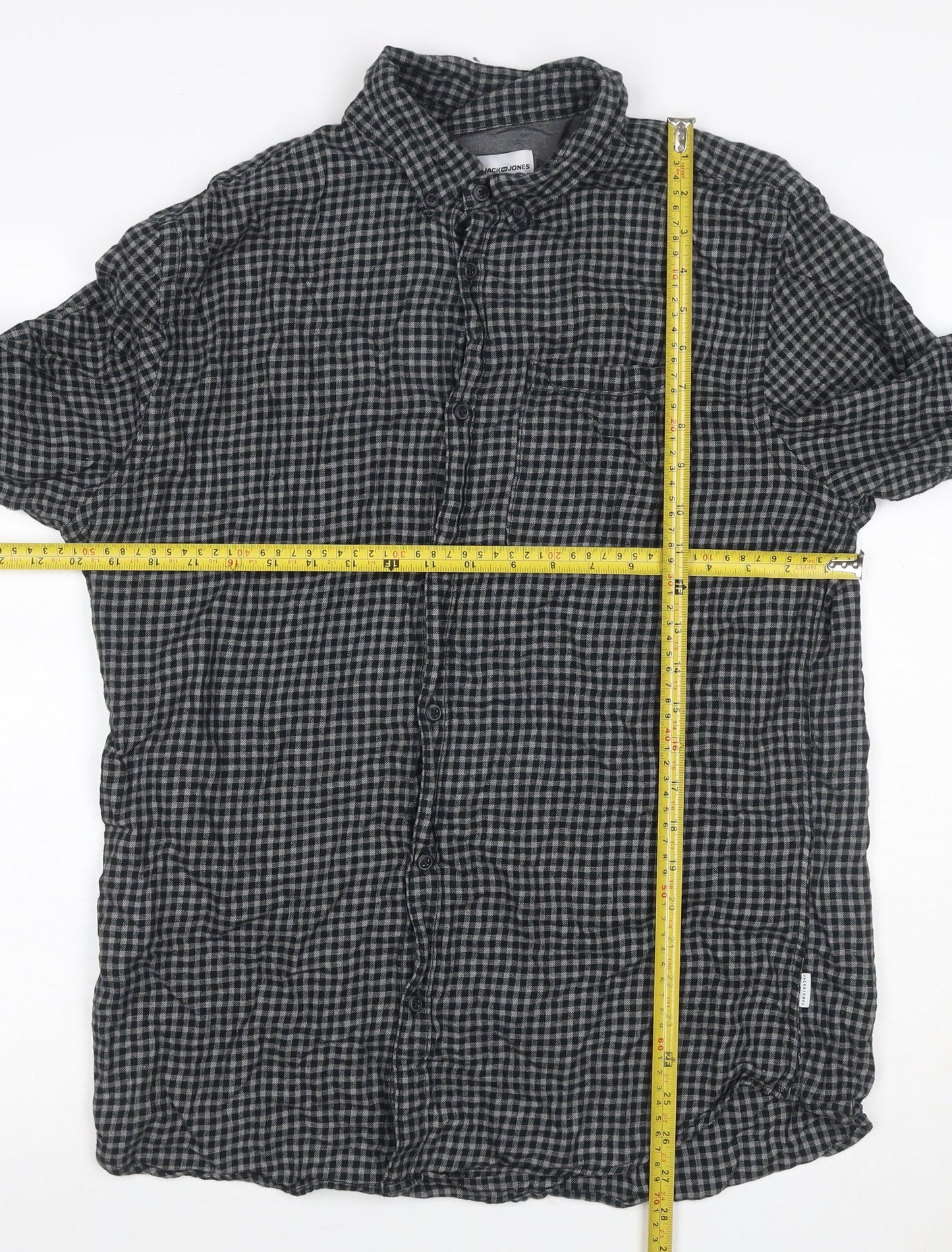 Jack & Jones Men's Black Grey Check Hooded Shirt Size L Long Sleeve