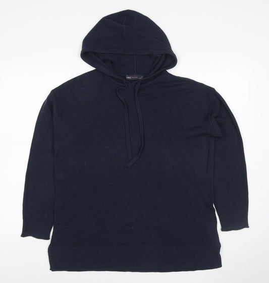 Marks and Spencer Women Blue M Knit Hooded Pullover Hoodie Drawstring