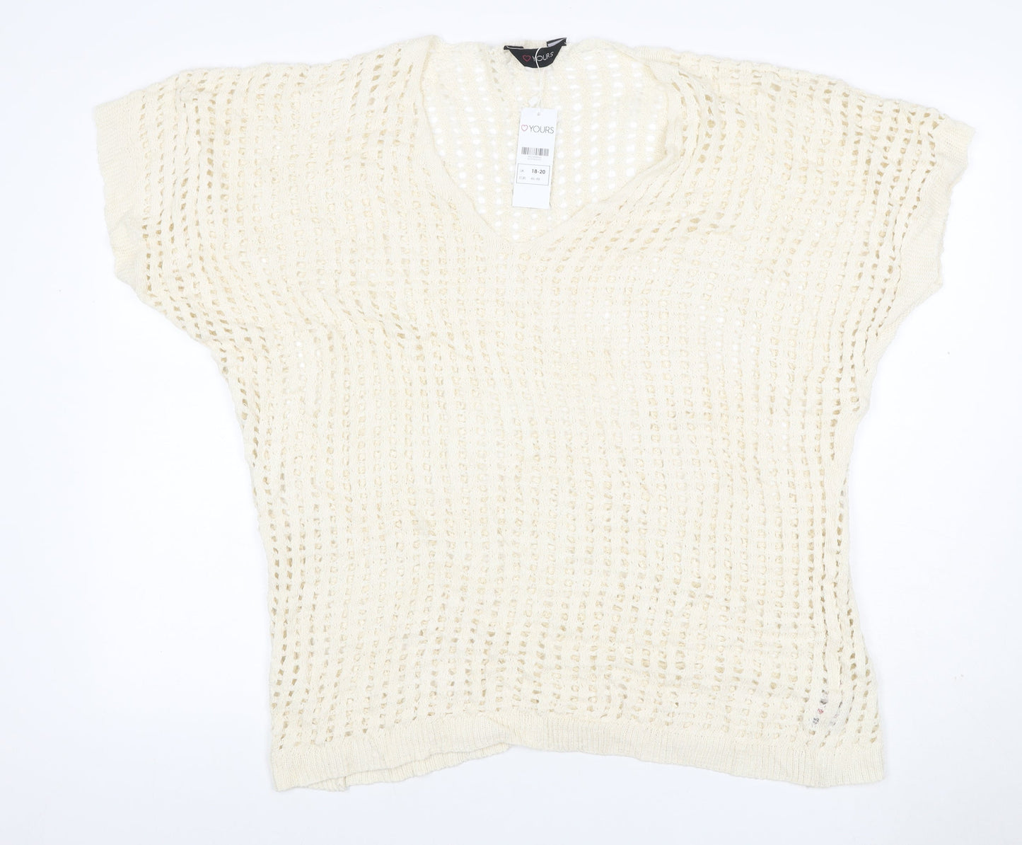 Yours Women Ivory UK 18-20 Crochet Knit V-Neck Cap Sleeve Top