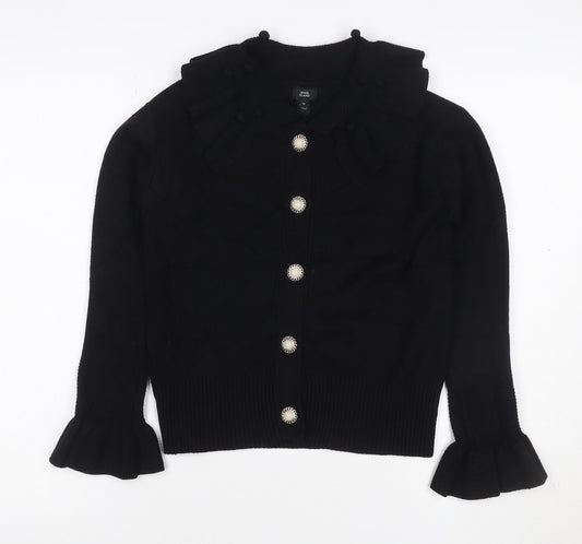 River Island Women Black Size 10 Collared Button Bell Sleeve Cardigan