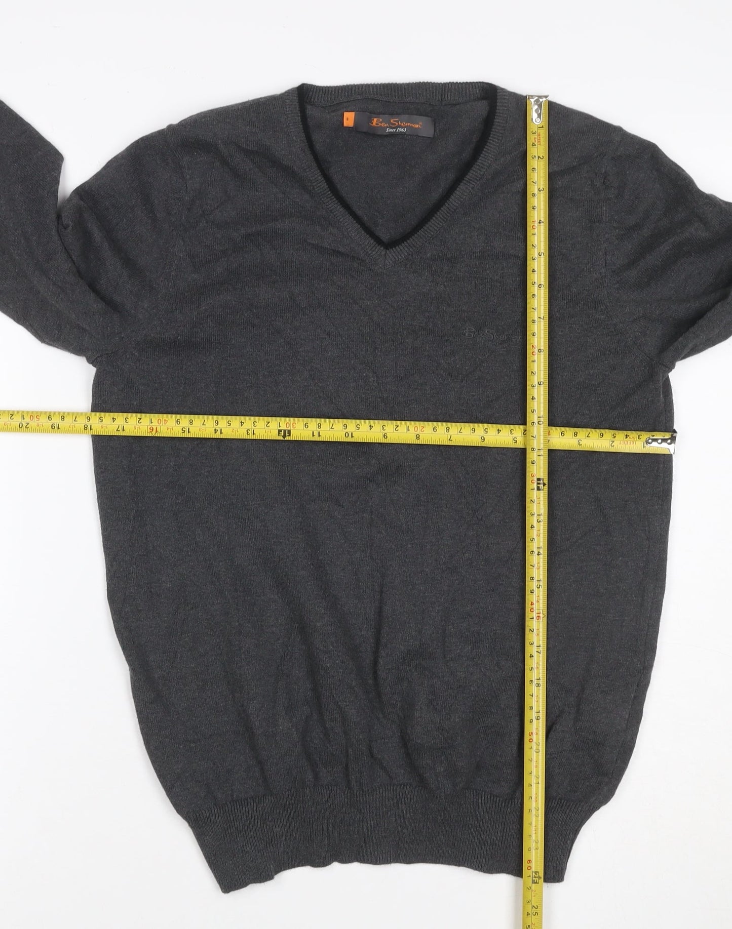 Ben Sherman Men’s Grey V-Neck Cotton Pullover Jumper Size S