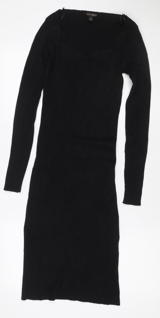 QED London Women Black L Ribbed Knit V-Neck Midi Jumper Dress