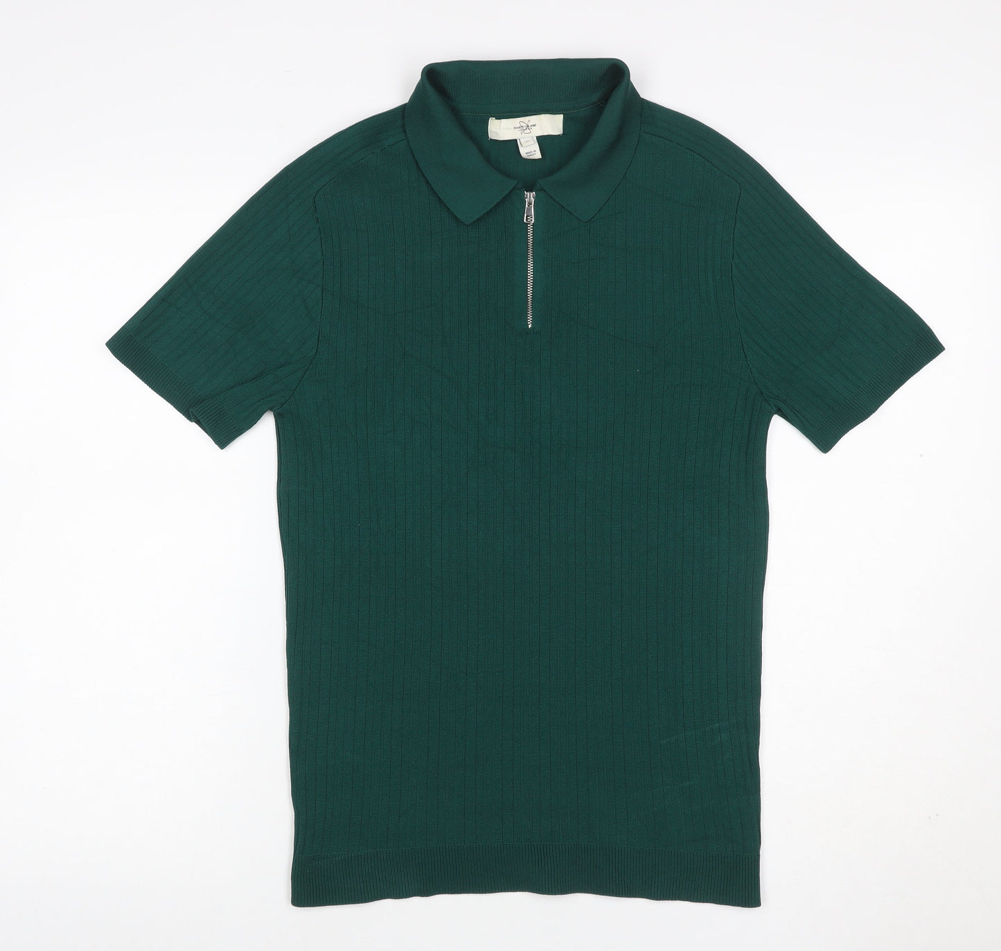 River Island Men’s Green M Ribbed Knit 1/4 Zip Polo Shirt