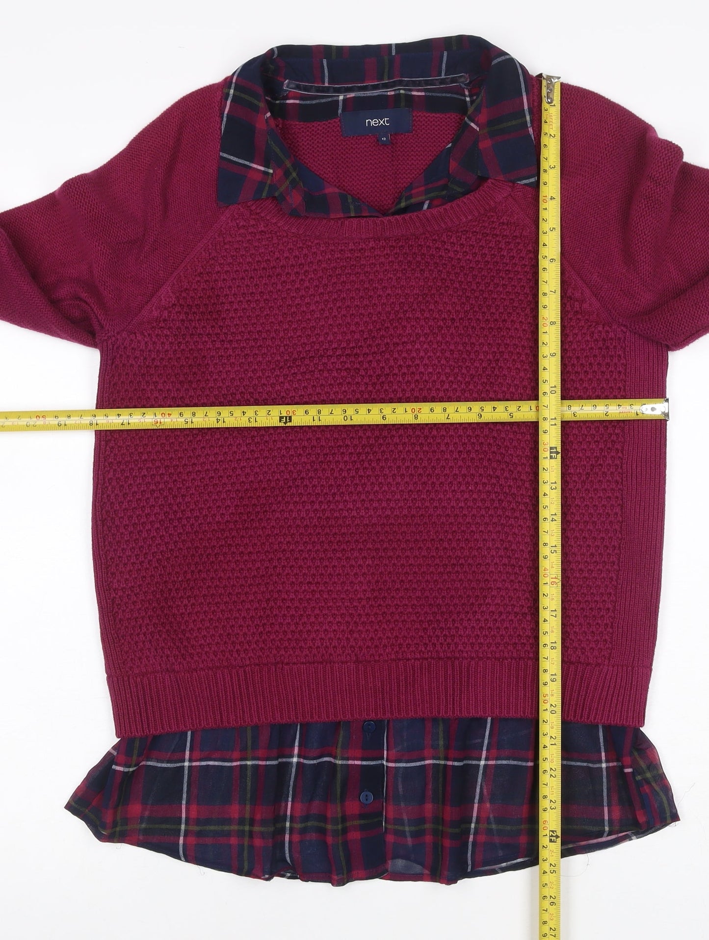 Next Women Pink UK 12 Collared Layered Plaid Shirt Knit Jumper