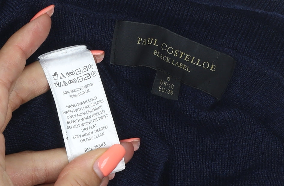 Paul Costelloe Women Blue UK 10 V-Neck Merino Wool Blend Jumper
