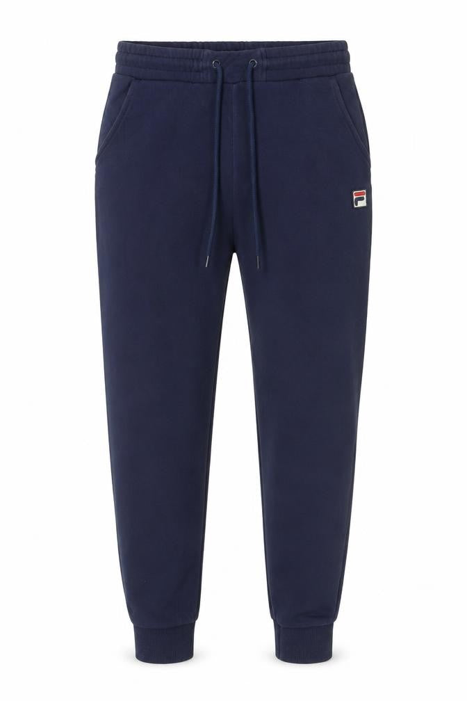 Front view of Fila Men’s Blue Fleece Jogger Trousers, size S, Drawstring