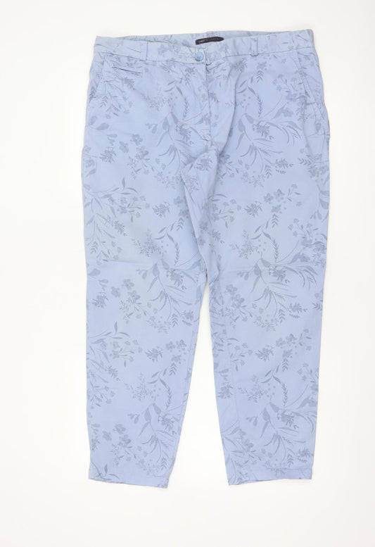 M&S Women Blue Floral Slim Tapered Chino Trousers UK 16 Short