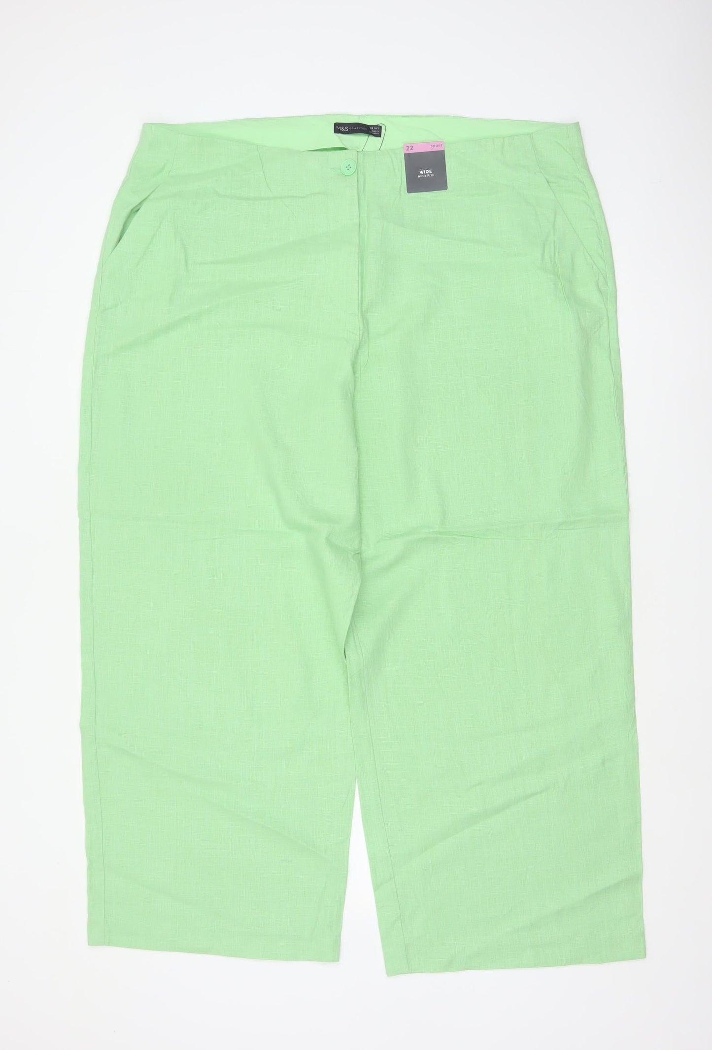 Marks and Spencer Women Green Size 22 Short Wide Leg High Rise Linen Trousers