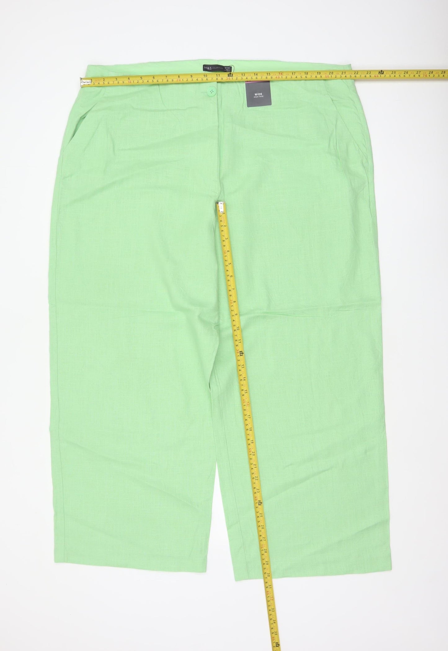 Marks and Spencer Women Green Size 22 Short Wide Leg High Rise Linen Trousers