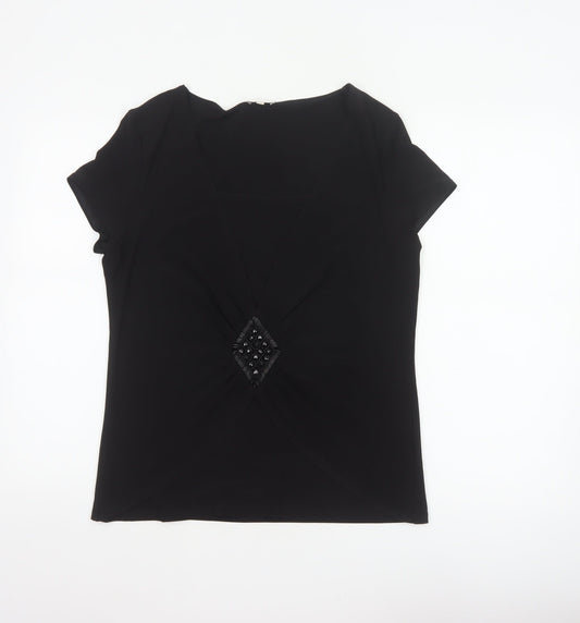 Kaliko Women’s Black UK 16 V-Neck Beaded Short Sleeve Blouse