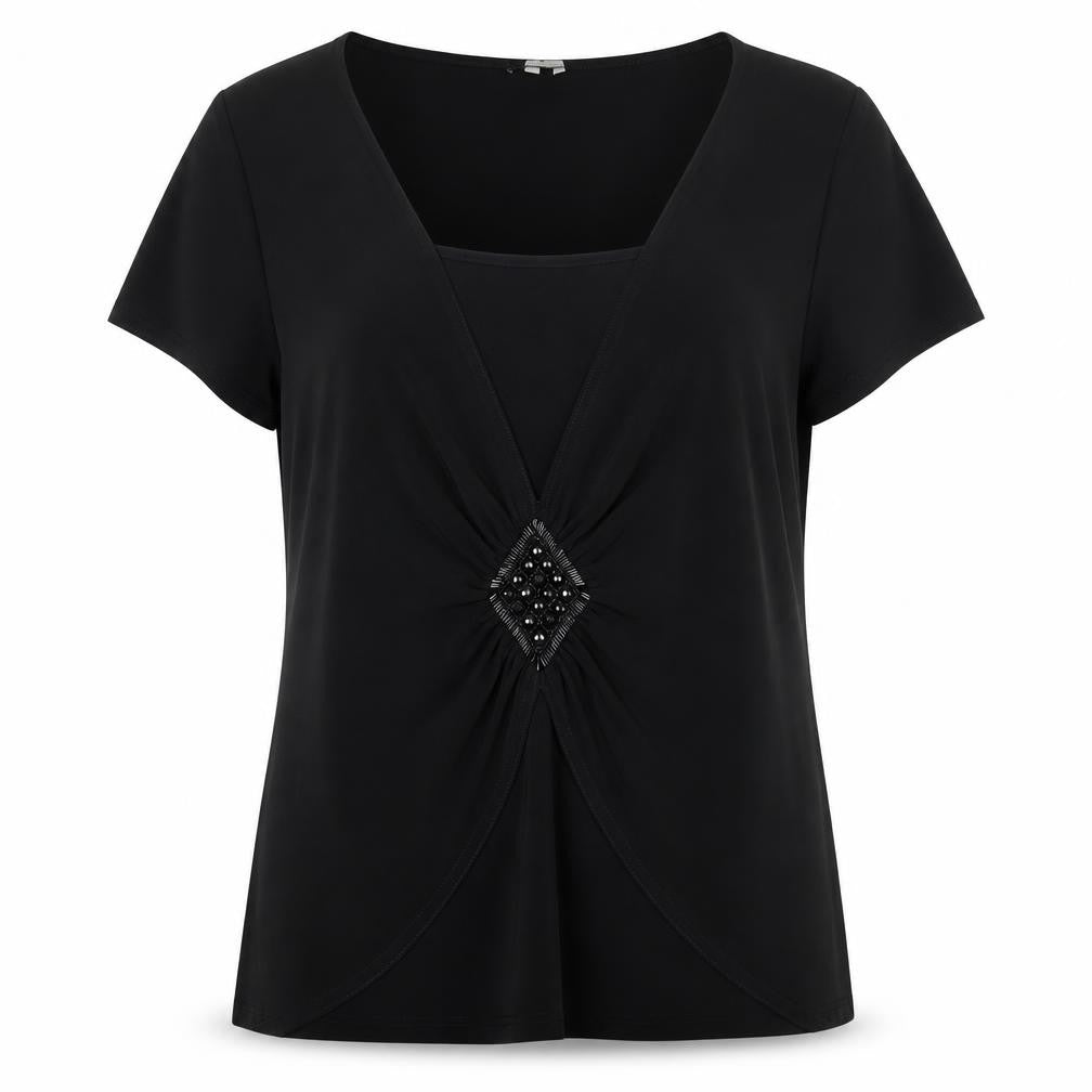 Front view of Kaliko Women’s Black UK 16 V-Neck Beaded Short Sleeve Blouse