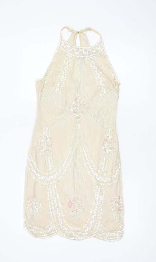 Lipsy Women's Beige UK 10 Beaded Sequin Halter Sheath Party Dress
