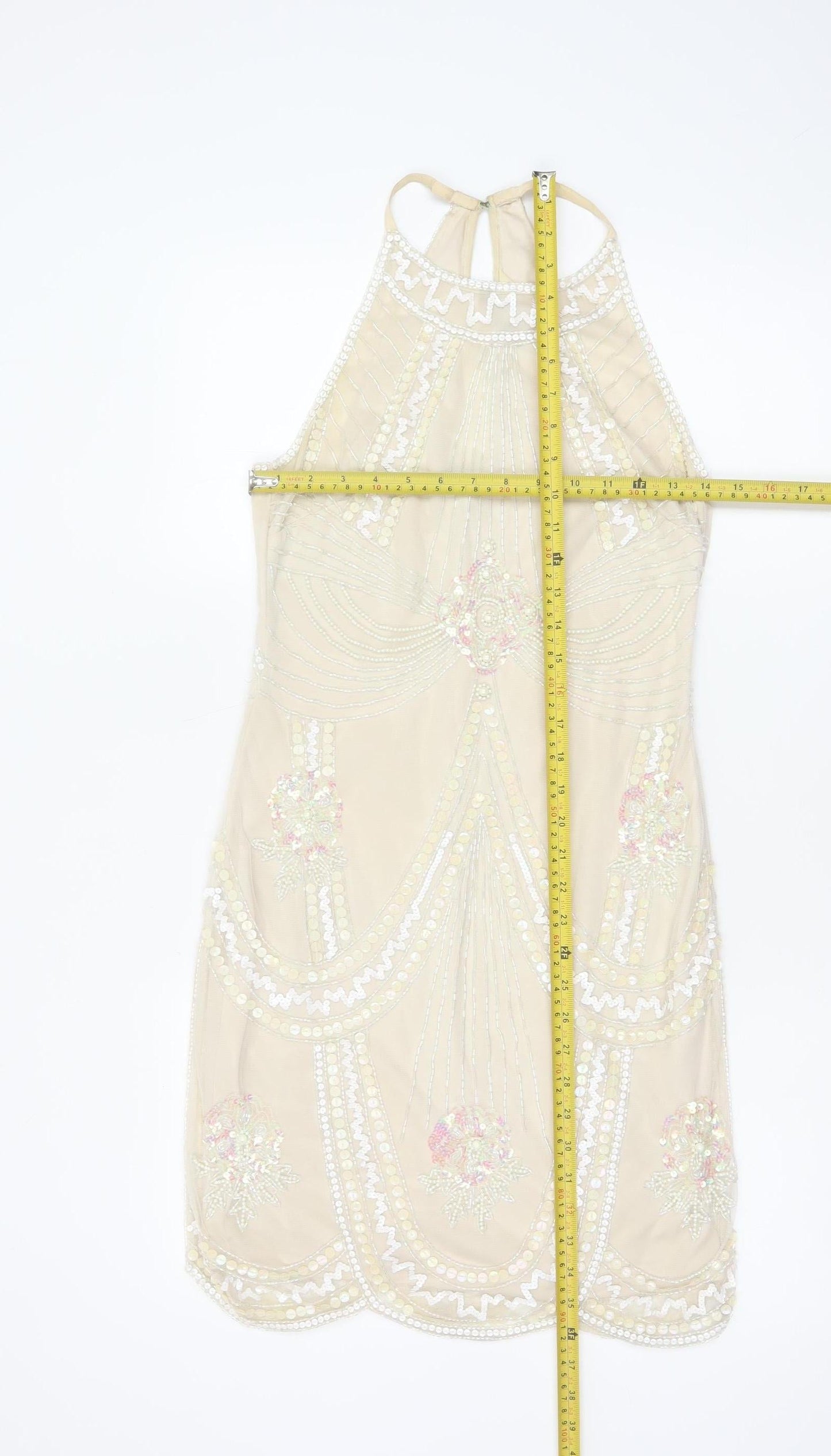 Lipsy Women's Beige UK 10 Beaded Sequin Halter Sheath Party Dress
