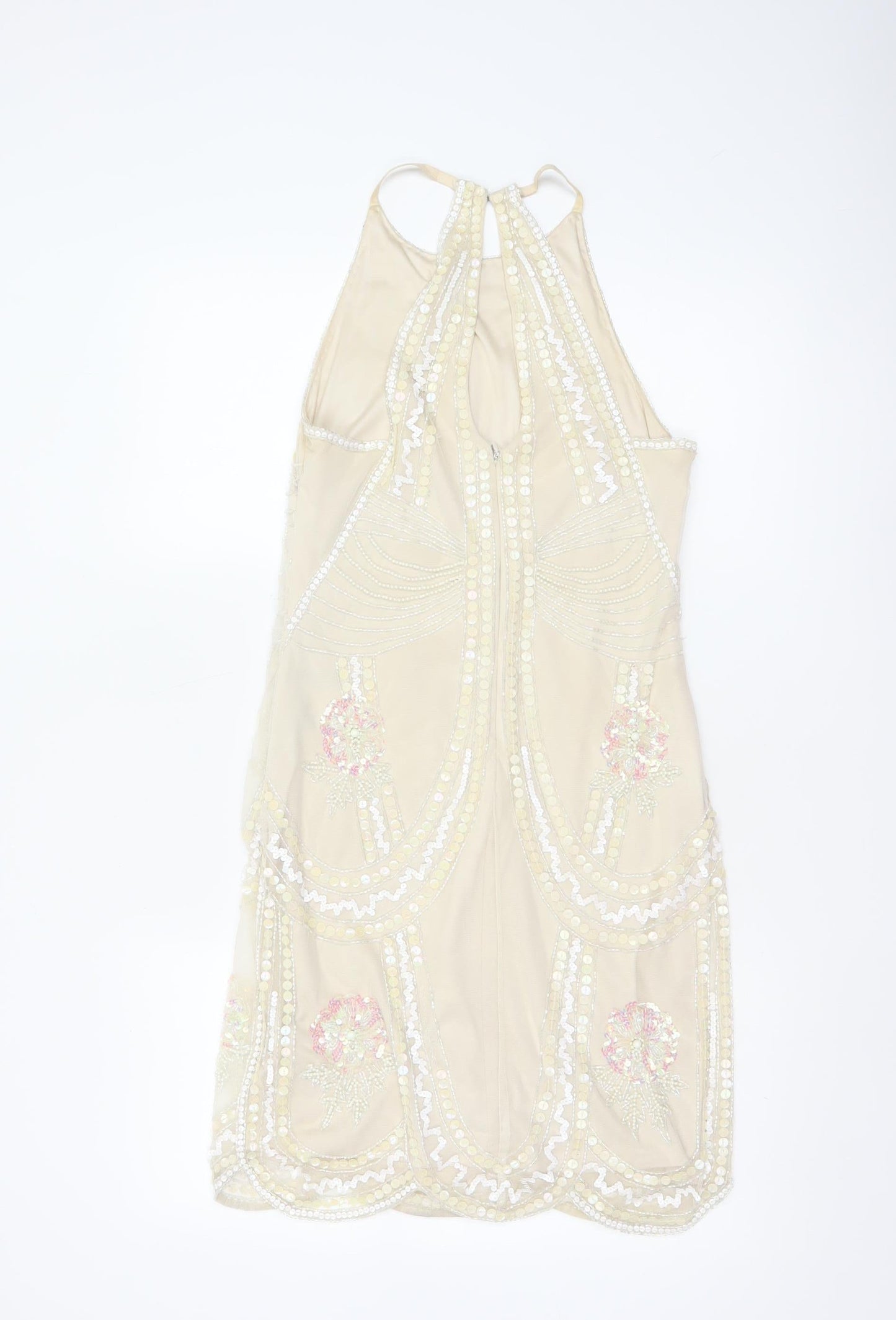 Lipsy Women's Beige UK 10 Beaded Sequin Halter Sheath Party Dress