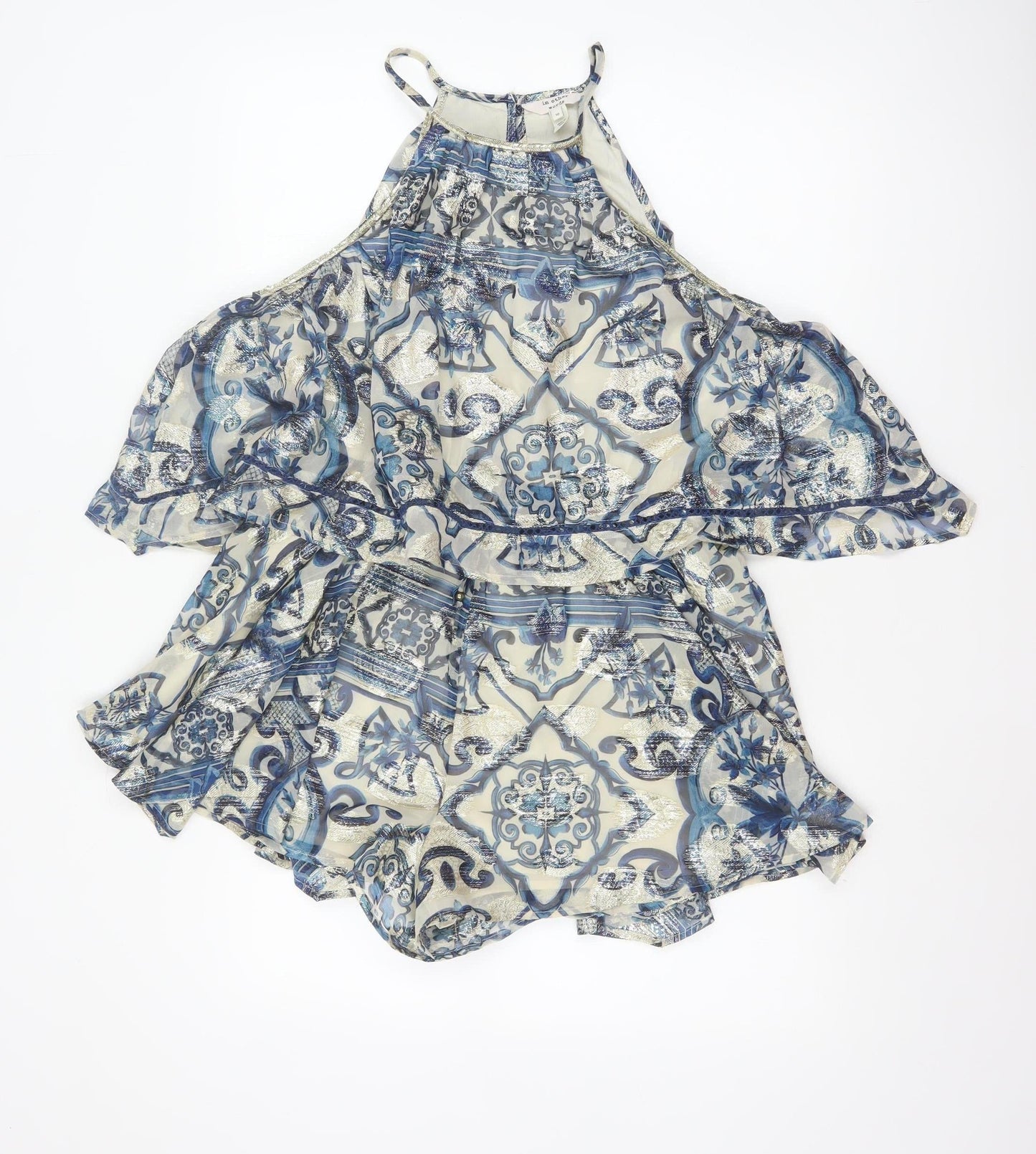 In Other Words Women Blue Metallic Baroque Playsuit UK 10 Cape Overlay