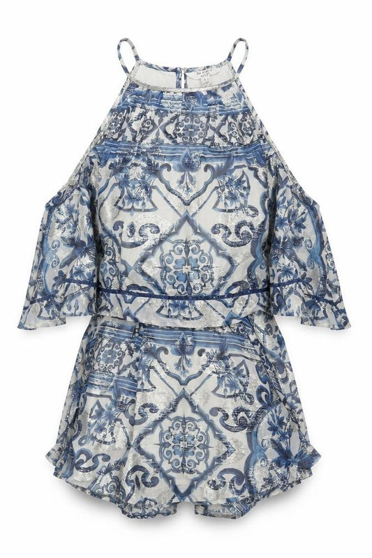 In Other Words Women Blue Metallic Baroque Playsuit UK 10 Cape Overlay