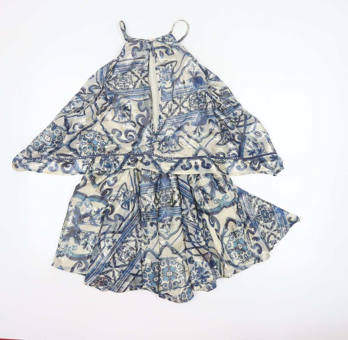 In Other Words Women Blue Metallic Baroque Playsuit UK 10 Cape Overlay