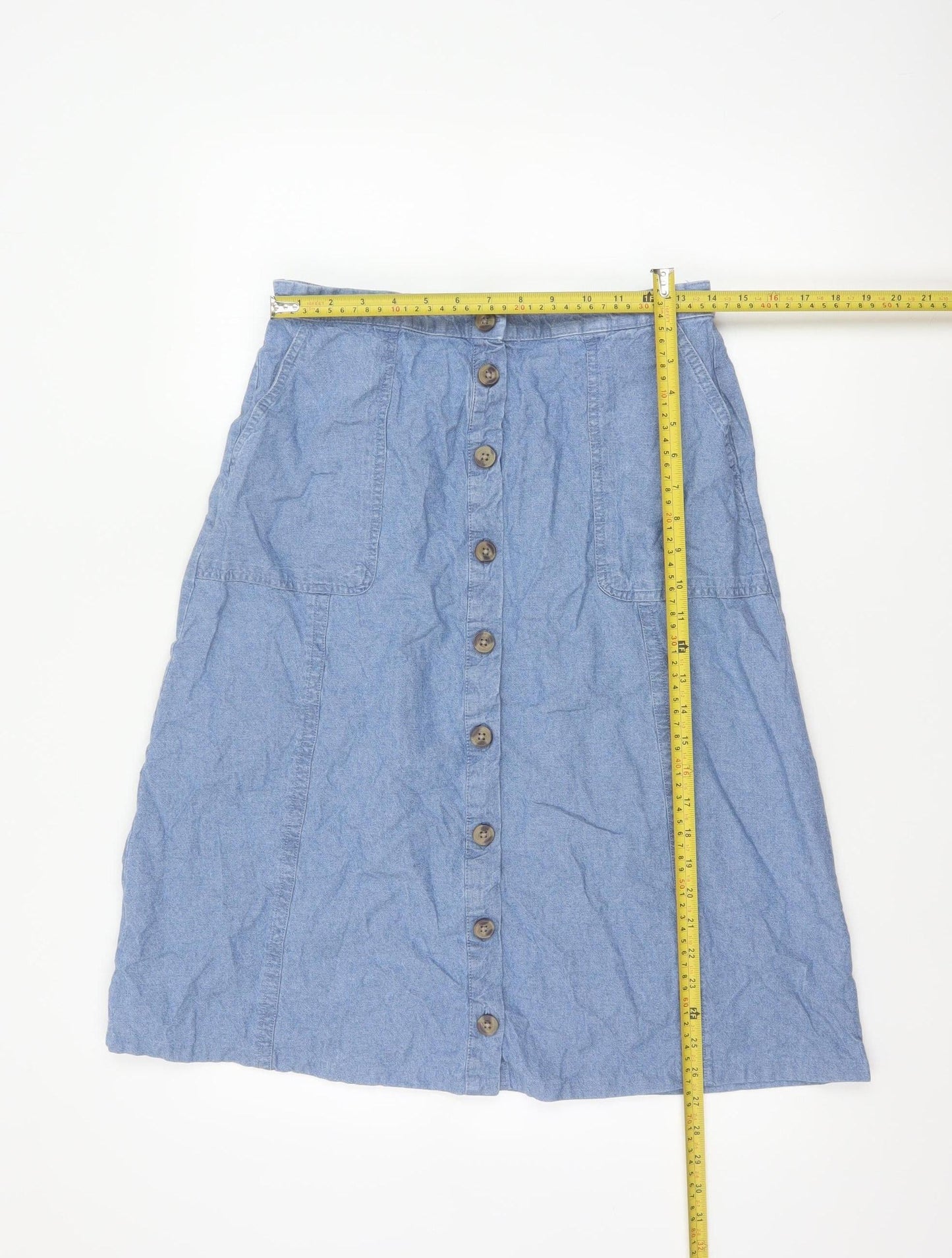 Isle Collection Women Blue UK 12 A-Line Chambray Midi Button Skirt
