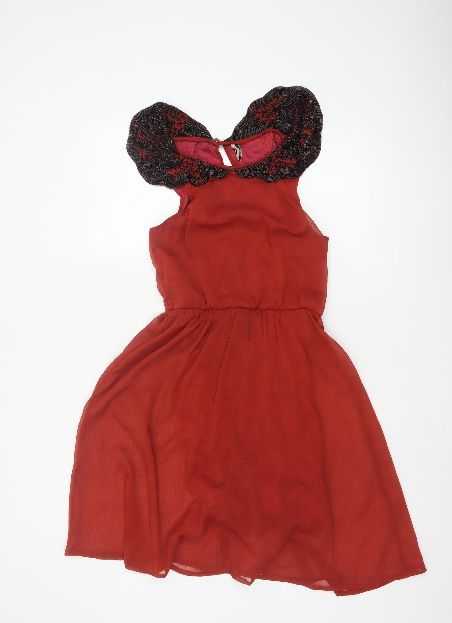 Topshop Women Red UK 10 Beaded Chiffon Fit & Flare Party Dress