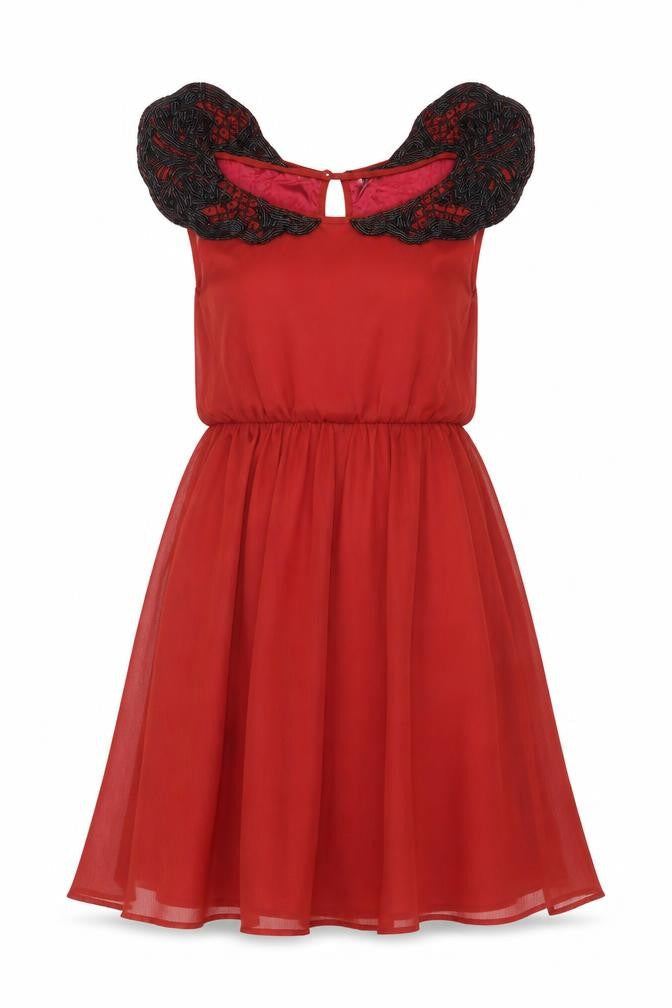 Topshop Women Red UK 10 Beaded Chiffon Fit & Flare Party Dress