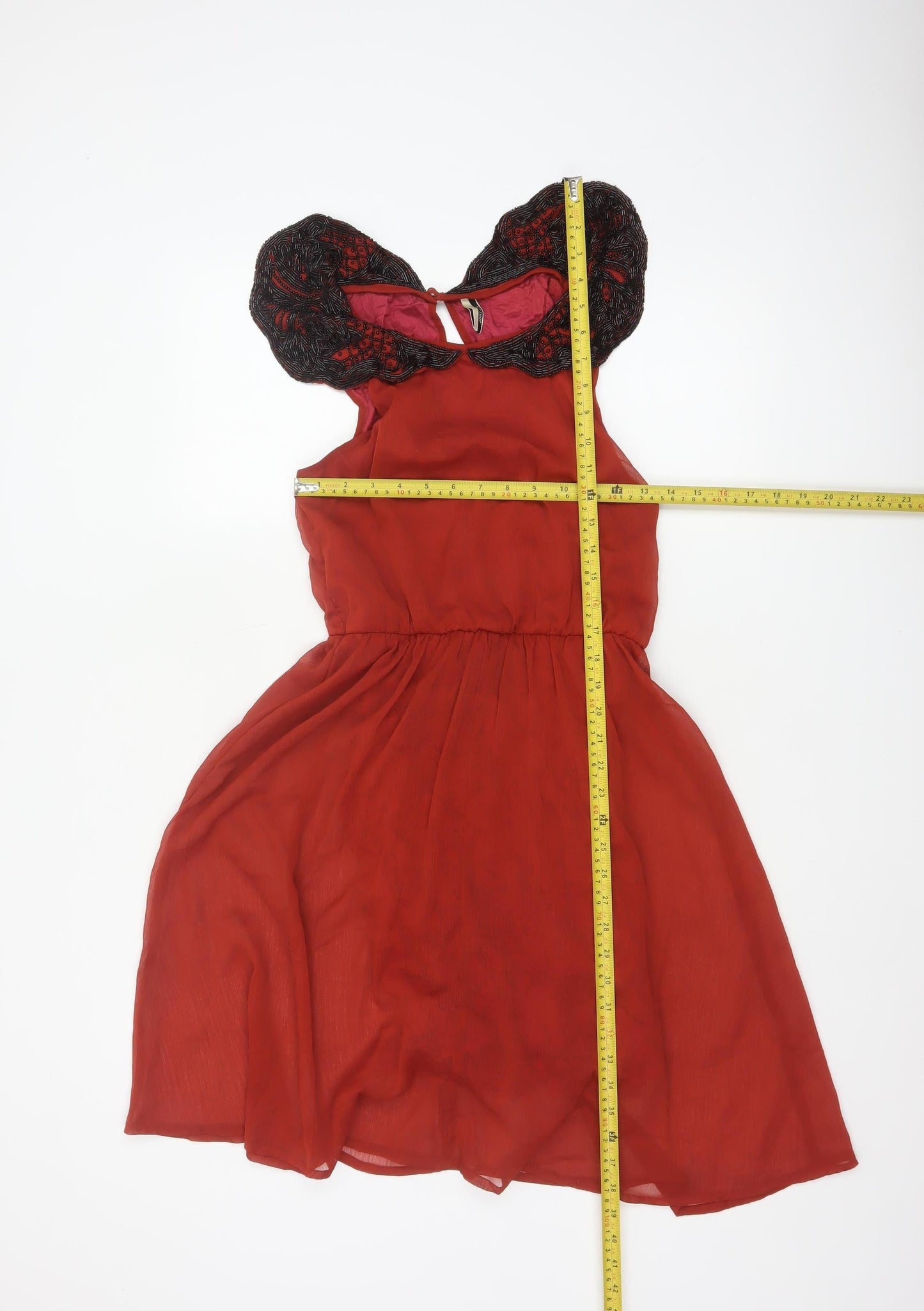 Topshop Women Red UK 10 Beaded Chiffon Fit & Flare Party Dress