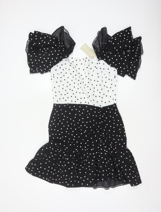 Coast Women Black White Polka Dot UK 10 Fit & Flare Ruffle Dress