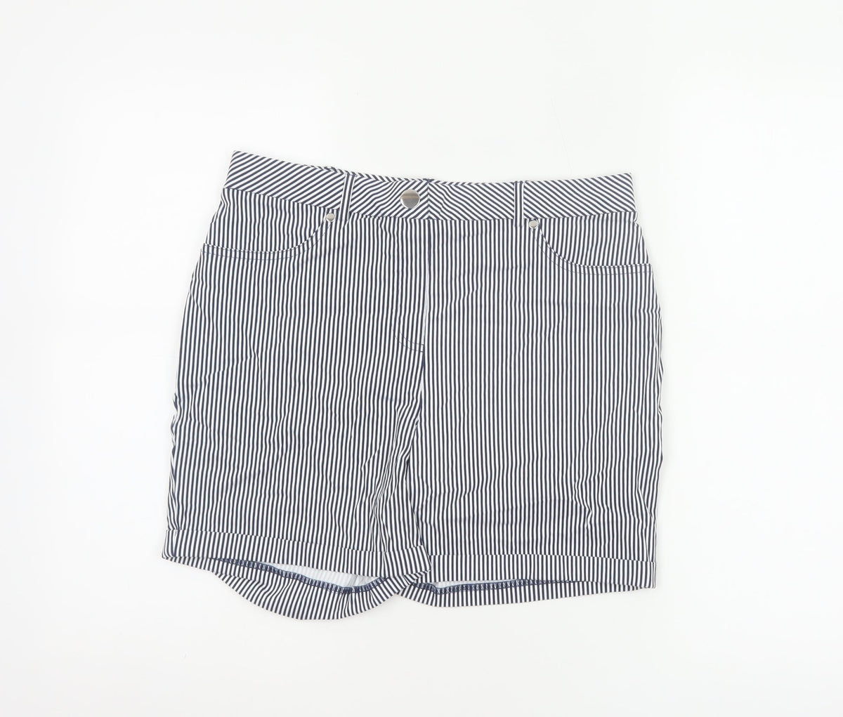 Additional front view of Roman Women Blue White Striped High Rise Shorts UK 12 Viscose