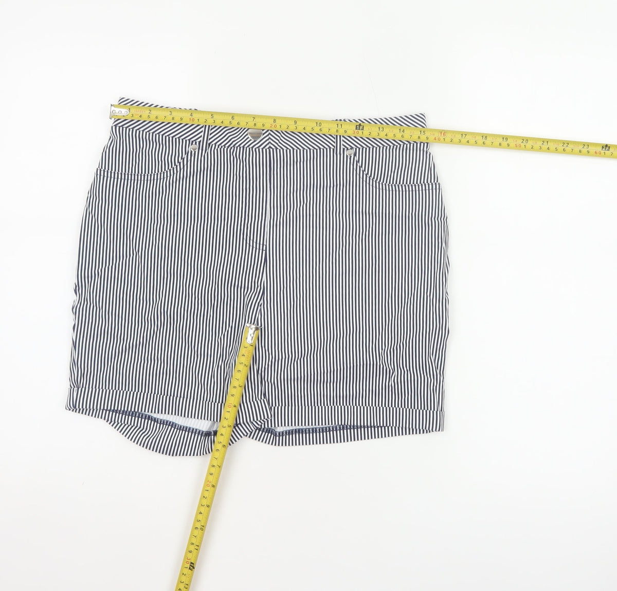 Back view of Roman Women Blue White Striped High Rise Shorts UK 12 Viscose