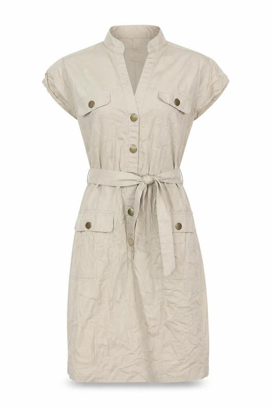 H&M Women Beige UK 8 Knee Length Belted Shirt Dress Pockets