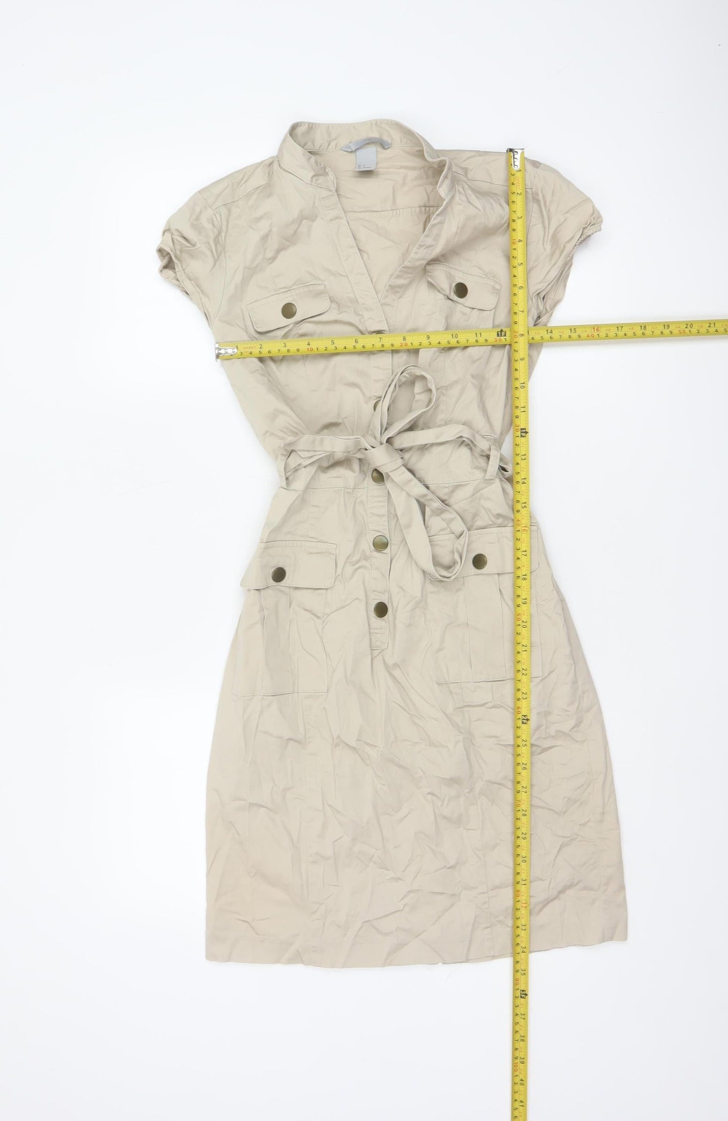 H&M Women Beige UK 8 Knee Length Belted Shirt Dress Pockets