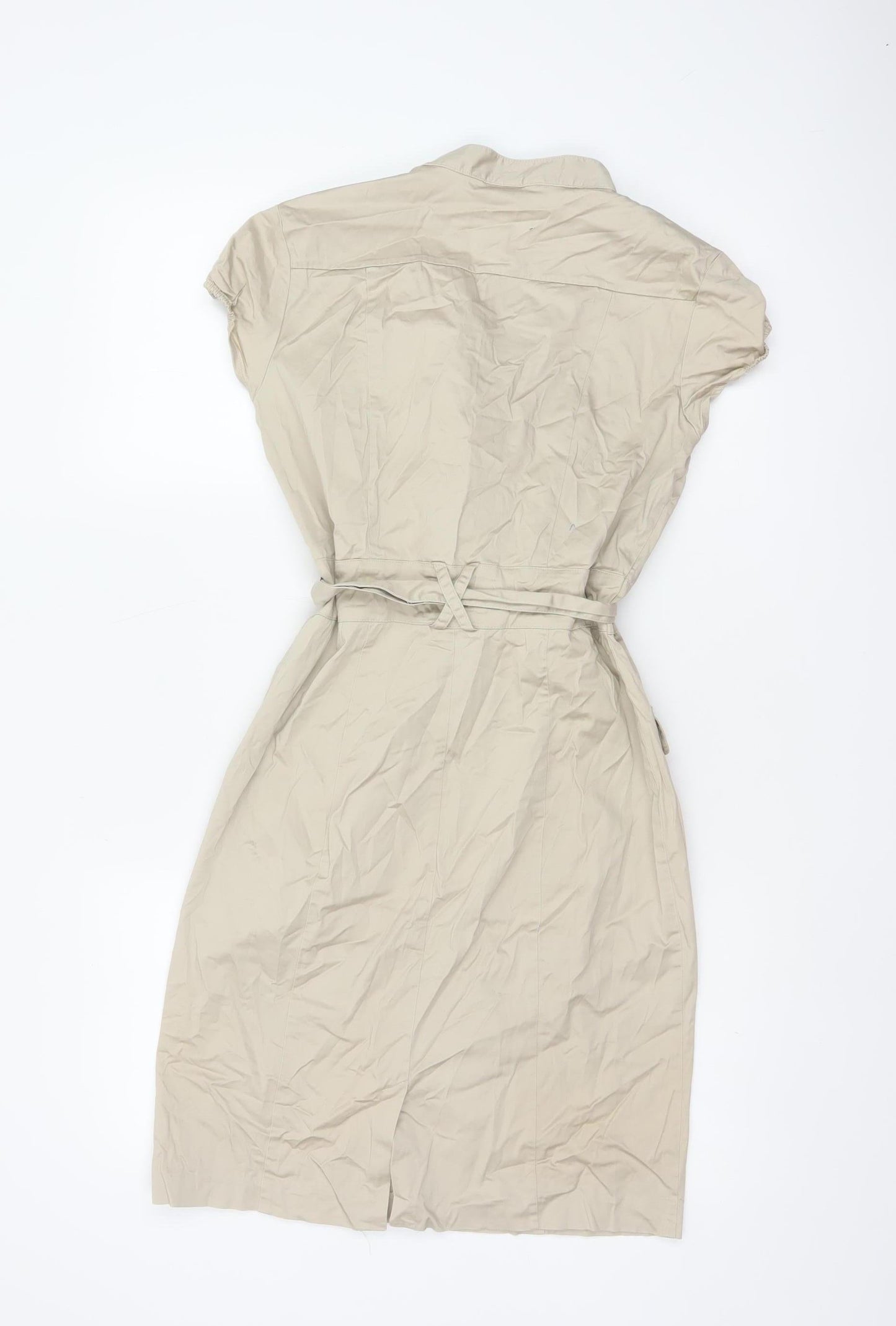H&M Women Beige UK 8 Knee Length Belted Shirt Dress Pockets