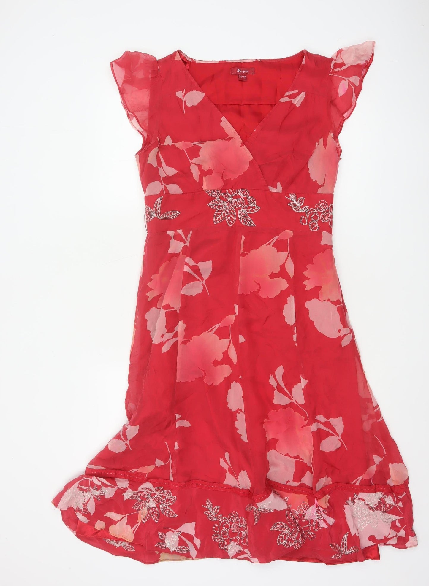 Monsoon Women Red Floral Silk UK 12 Knee Length A-Line Dress