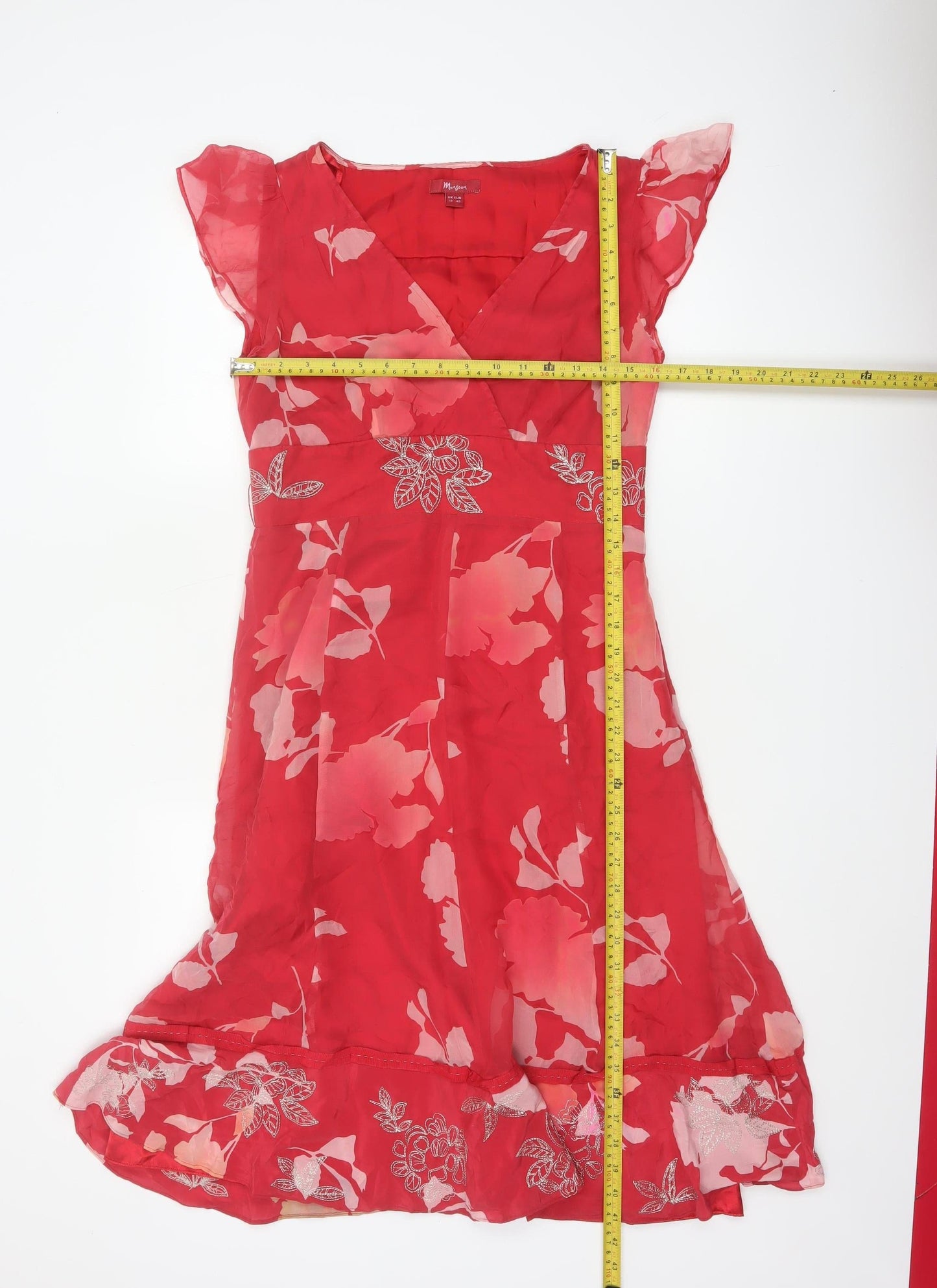 Monsoon Women Red Floral Silk UK 12 Knee Length A-Line Dress