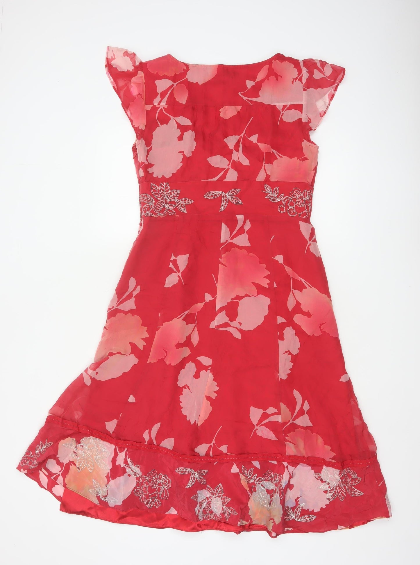 Monsoon Women Red Floral Silk UK 12 Knee Length A-Line Dress