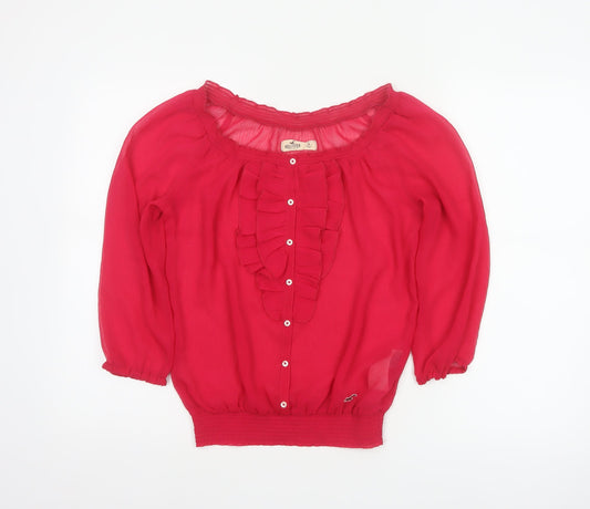 Hollister Women Red S Sheer Ruffle Button 3/4 Sleeve Blouse