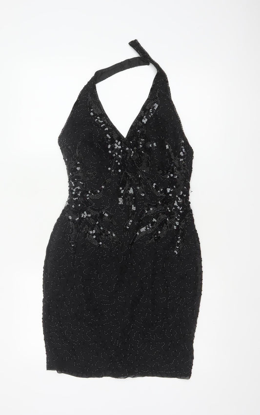Morgan Taylor Evening Women’s Black Silk Beaded Halter Sheath Dress Size 4