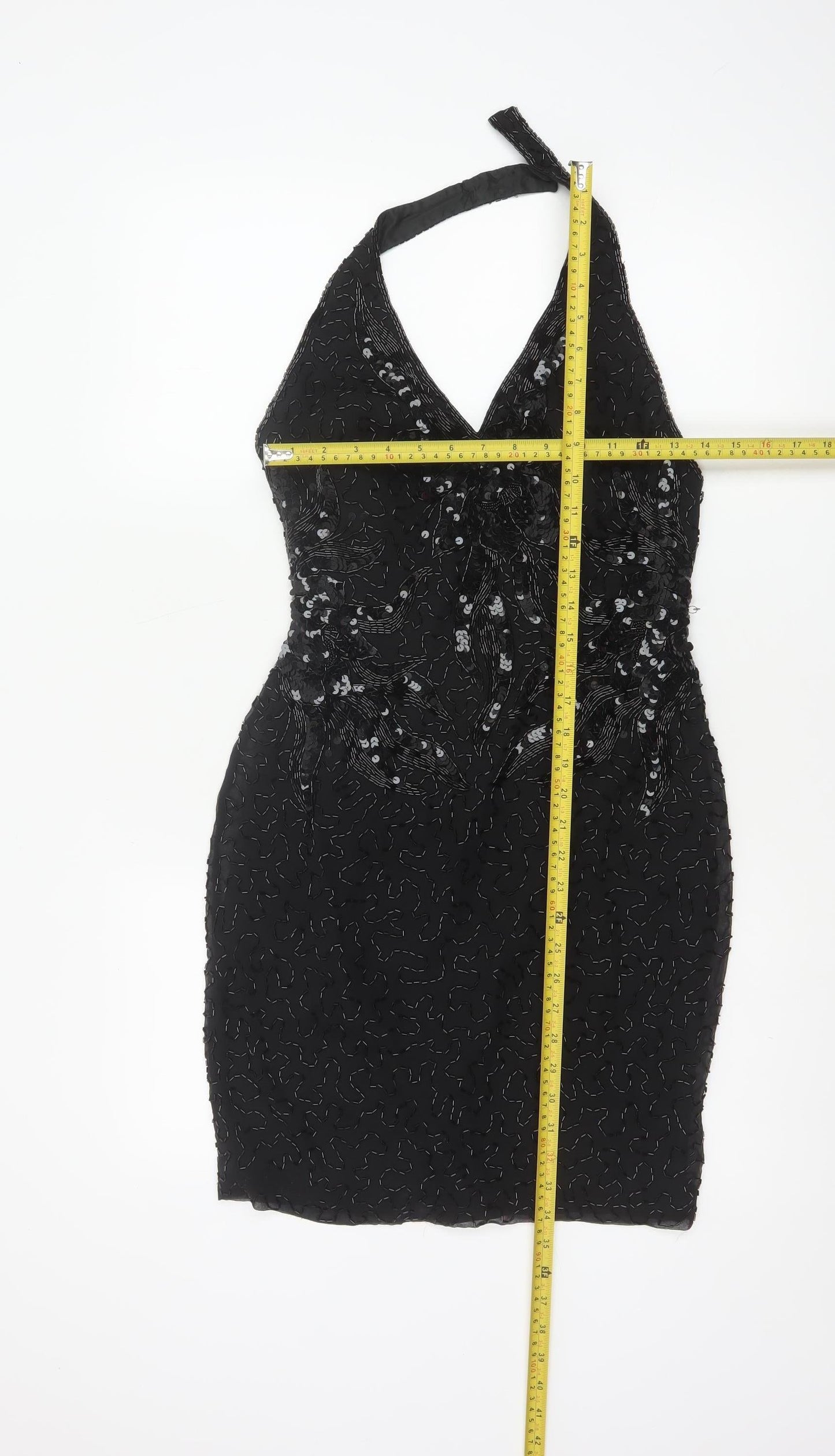 Morgan Taylor Evening Women’s Black Silk Beaded Halter Sheath Dress Size 4