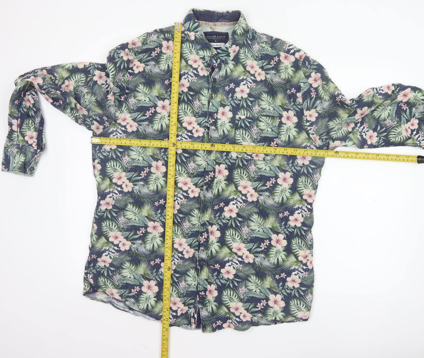 Colours & Sons Men’s Multicoloured XL Tropical Floral Linen Blend Shirt