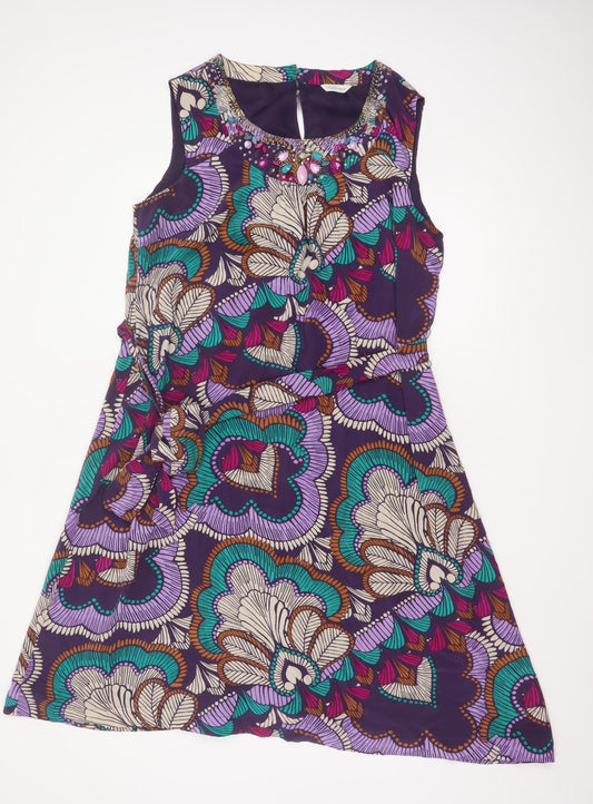 Windsmoor Women Purple Silk Floral Beaded A-Line Dress UK 16