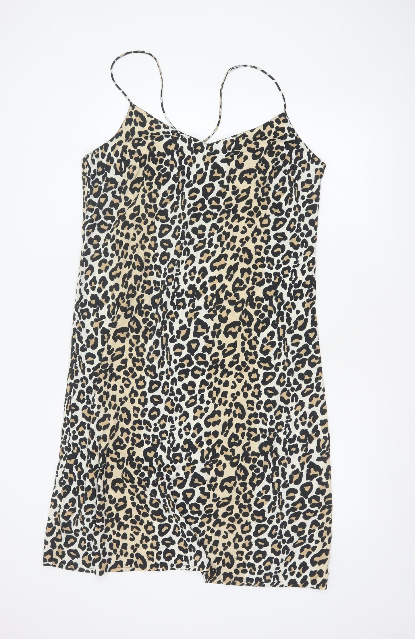 Brave Soul Women Beige Leopard Print Slip Dress L Strappy Knee Length