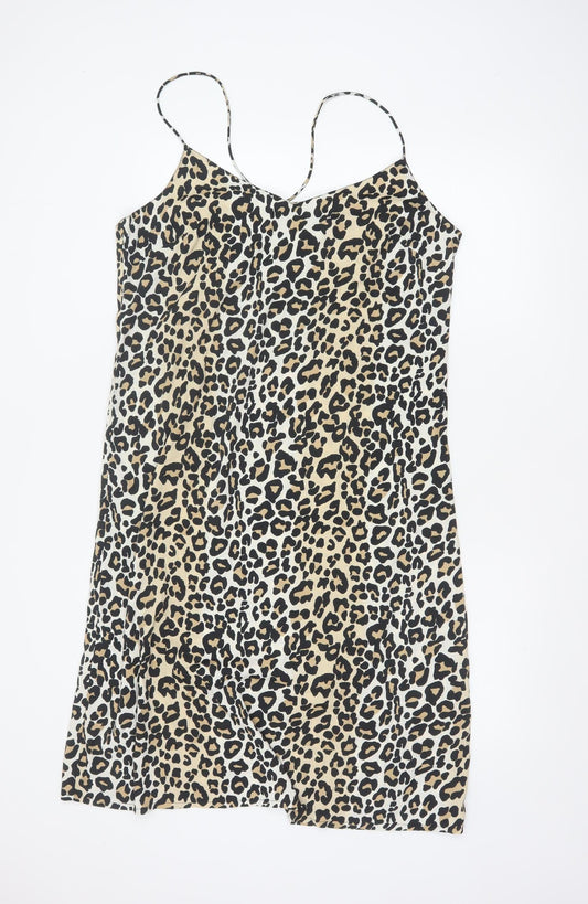 Brave Soul Women Beige Leopard Print Slip Dress L Strappy Knee Length